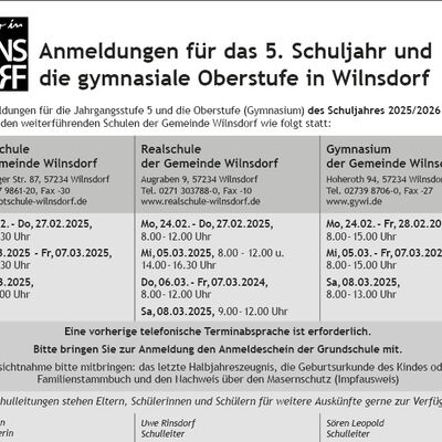 Bild vergr��ern: Termin�bersicht, Informationen und Kontaktdaten zu den Anmeldezeitr�umen der weiterf�hrenden Schulen f�r das Schuljahr 2025/2026